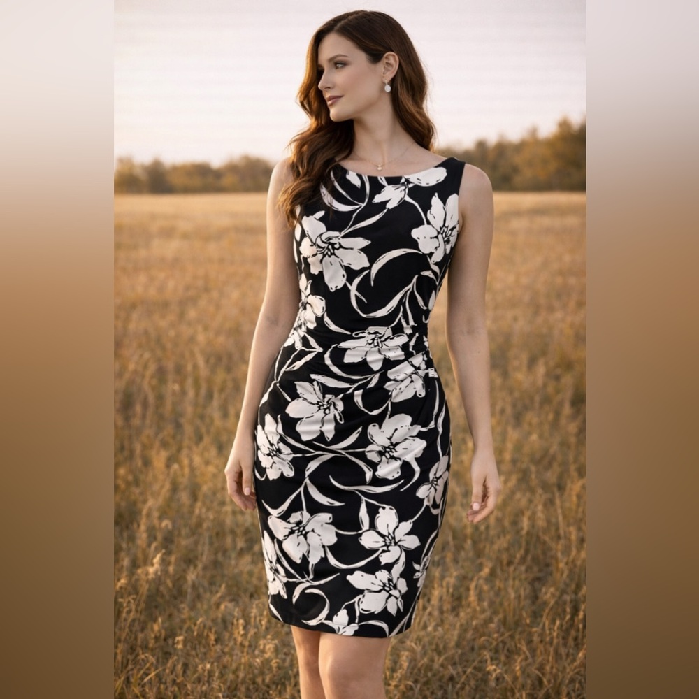 Ralph Lauren Dress 10 Ivory Black Floral Sleeveless Washable Career Church